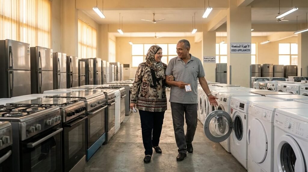 زوجان يقومان بفحص وشراء أجهزة كهربائية مستعملة بحالة ممتازة من داخل معرض أجهزة شامل