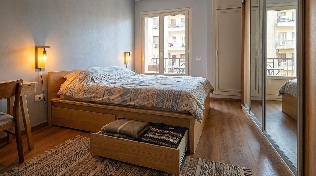 سرير ذكي بأدراج تخزين للفرش في شقة مساحتها صغيرة جداً