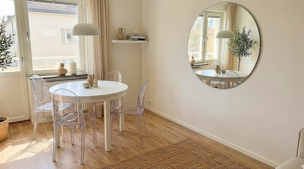 خدعة المرايا والإضاءة الطبيعية لزيادة مساحة فرش شقة مساحتها صغيرة