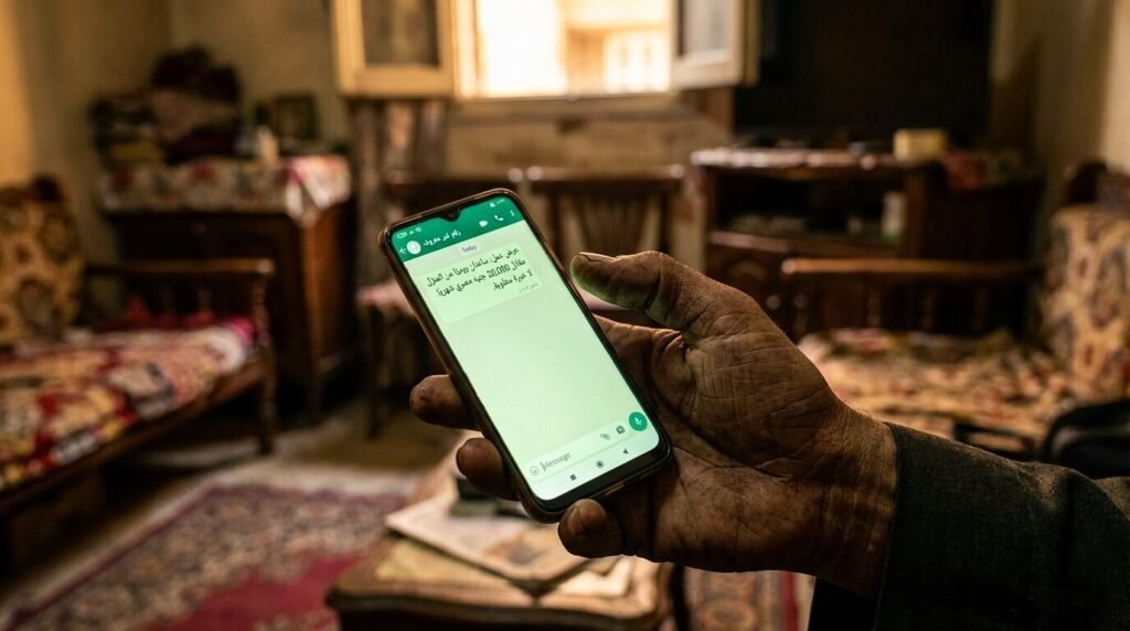 لقطة قريبة لموبايل يعرض رسالة واتساب احتيالية تعتبر فخاً ضمن إعلانات الوظائف الوهمية.