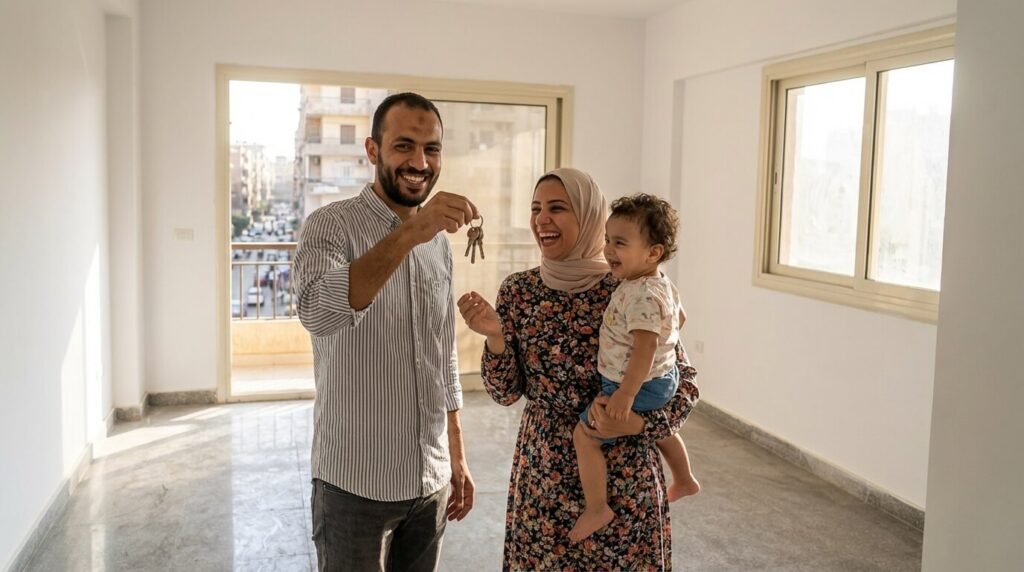 عائلة سعيدة بعد فحص أوراق الشقة قبل الشراء واستلام المفتاح