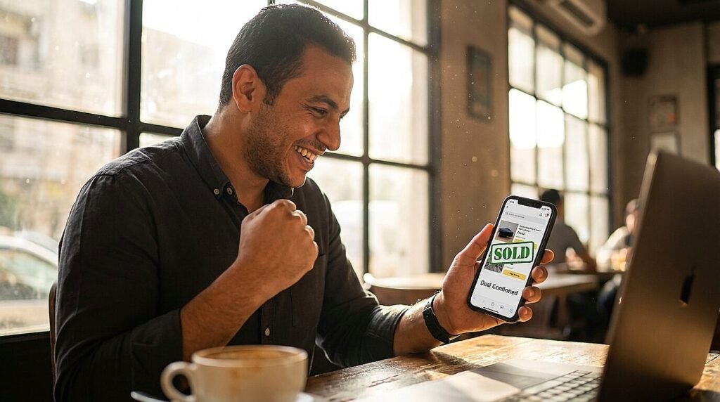 شاب يبتسم بعد بيع منتجه مما يعكس نجاح الإعلان المبوب على الإنترنت.