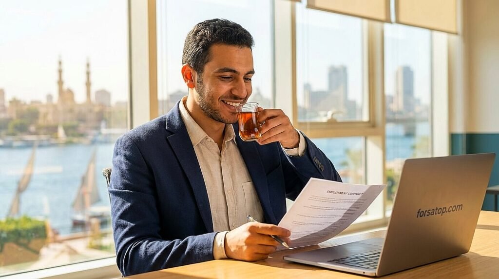 شاب مصري مبتسم ويشعر بالراحة بعد حصوله على عقد عمل حقيقي وتجنب إعلانات الوظائف الوهمية بذكاء.