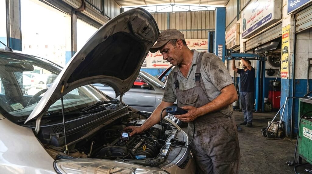 فحص شاسيه وموتور سيارة أوتوماتيك مستعملة في مركز صيانة معتمد قبل الشراء