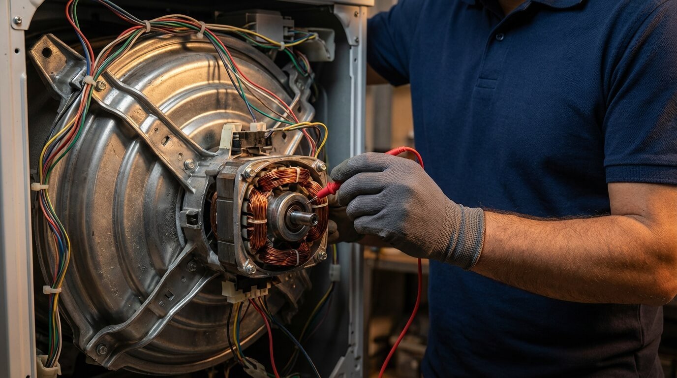 فني متخصص يفحص موتور غسالة أوتوماتيك مستعملة بدقة وضمان لقطة