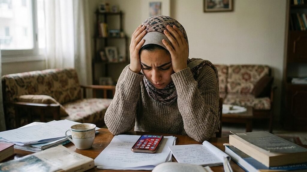 شابة مصرية مضغوطة وتبدو محتارة ومضغوطة وسط أوراق كثيرة أثناء البحث وتجنب إعلانات الوظائف الوهمية.