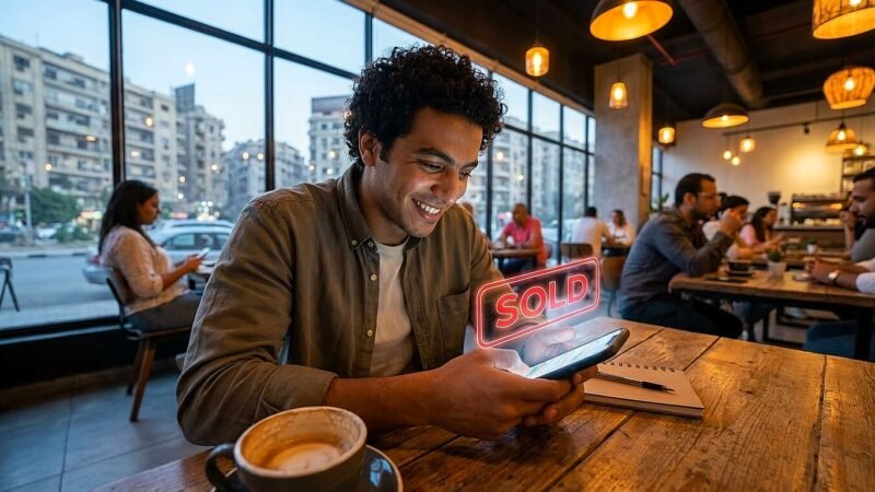 ​شاب مصري يحتفل بكلمة SOLD على موبايله بعد تحقيق نجاح الإعلان المبوب على موقع فرصة توب