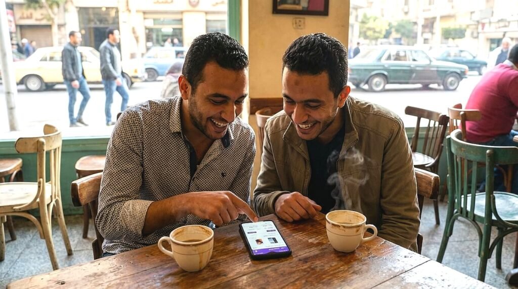 صديقان مصريان في كافيه يبحثان على الإنترنت عن أفضل الأسعار لحسم قرار شراء موبايل مستعمل ولا جديد