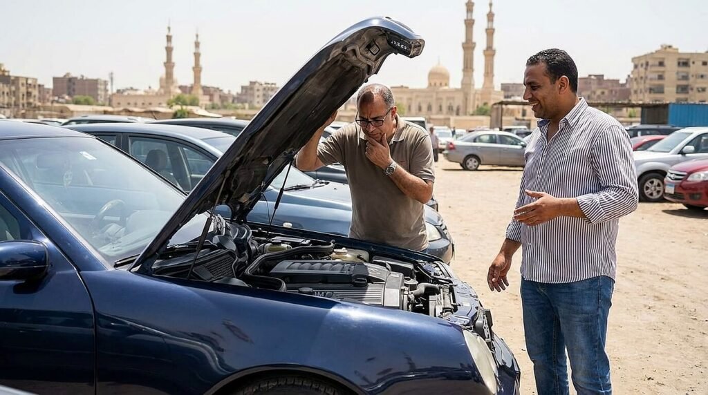مشتري يفحص سيارة مستعملة بتركيز قبل بدء التفاوض على السعر