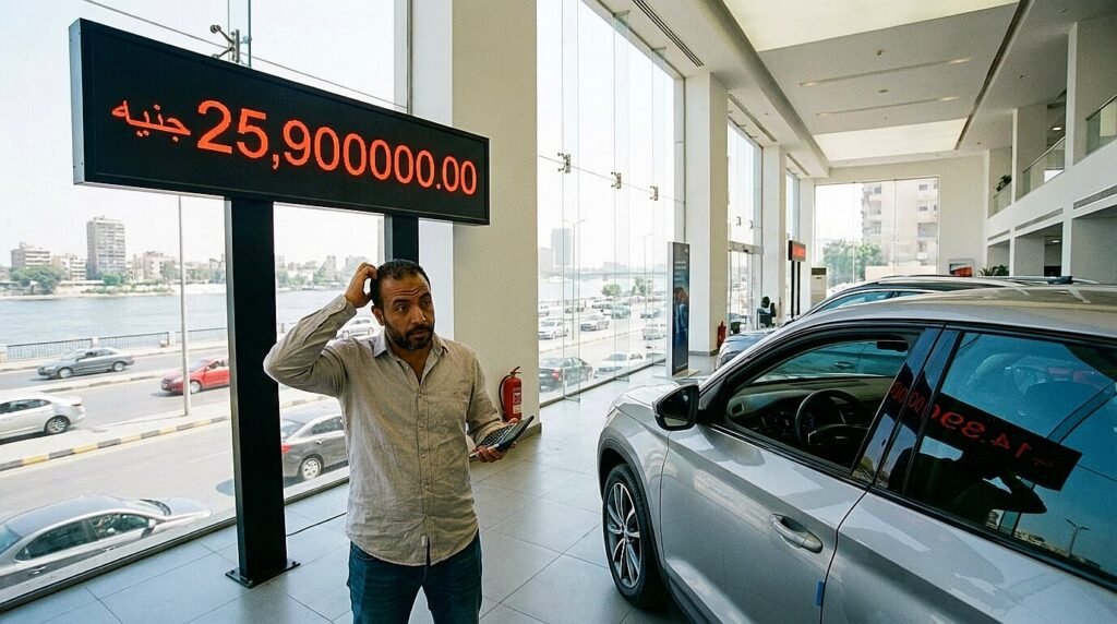 شاب مصري يقف في معرض سيارات ويفكر في إجابة سؤال هل تشتري سيارة دلوقتي ولا تستنى؟.