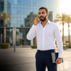 موظف مبيعات شركات اتصالات شاب يتحدث في الهاتف أمام مبنى شركات كبرى بالقاهرة متقدم لوظائف سيلز المعادي.