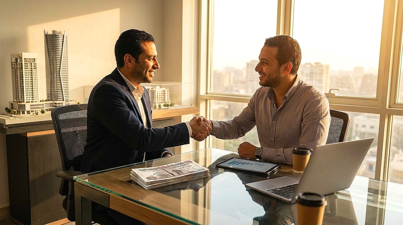 بائع ومشتري يتصافحان بعد نجاح التفاوض على السعر وإتمام صفقة مربحة