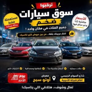 بانر إعلاني لسوق سيارات مستعملة في معرض سيارات سبح بشارع السواح