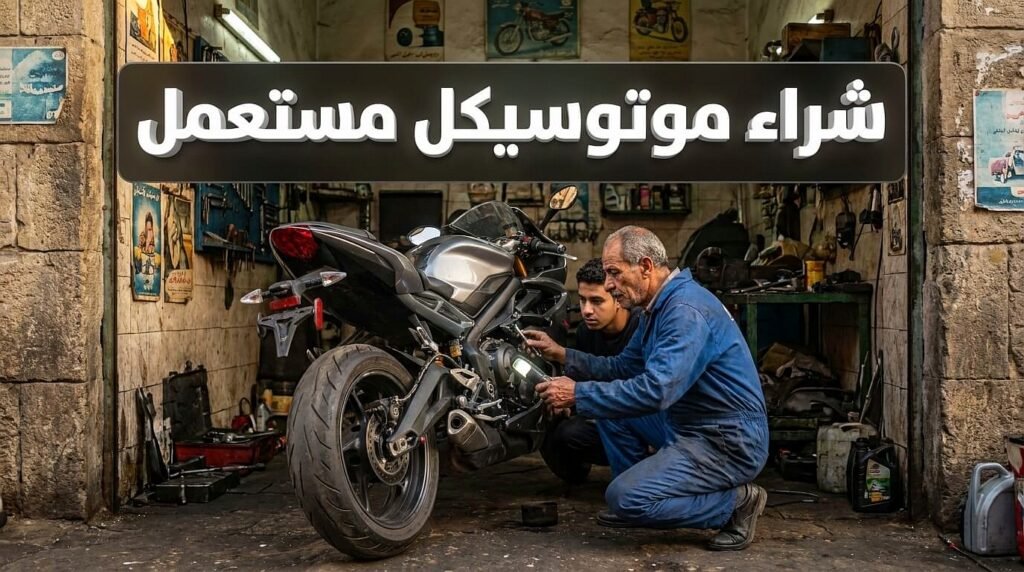 صورة احترافية لخبير يفحص الدراجة قبل شراء موتوسيكل مستعمل