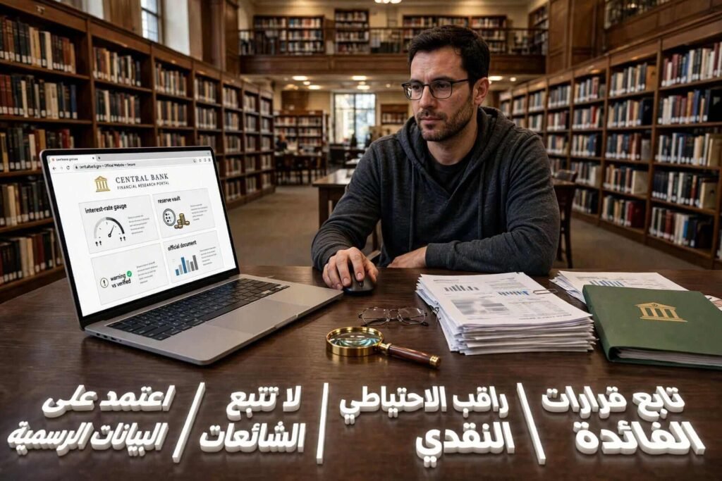 قاعة بحث تعليمية تشرح متابعة الفائدة والاحتياطي النقدي لفهم تأثير سعر الصرف على الاستثمار.