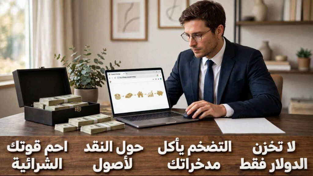 صورة تعليمية تشرح حماية المدخرات من التضخم وتحويل النقد إلى أصول بعد تغير سعر الصرف.