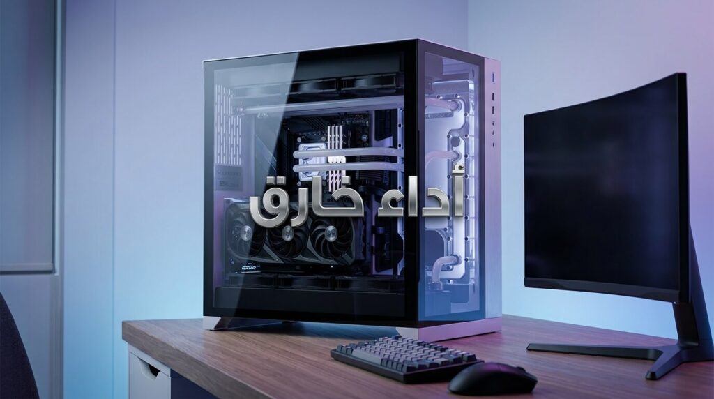 تجميعة كمبيوتر ألعاب بمكونات احترافية مع نص عربي ثلاثي الأبعاد