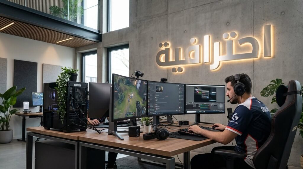 محطة عمل متكاملة تستخدم للألعاب والمونتاج مع نص عربي ثلاثي الأبعاد