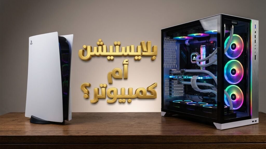 مقارنة تقنية بين جهاز بلايستيشن 5 وكمبيوتر ألعاب متطور مع نص عربي ثلاثي الأبعاد