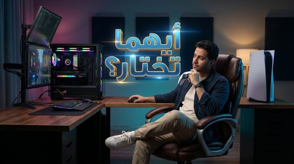 لاعب في حيرة بين جهاز بلايستيشن 5 وكمبيوتر ألعاب مع نص عربي ثلاثي الأبعاد
