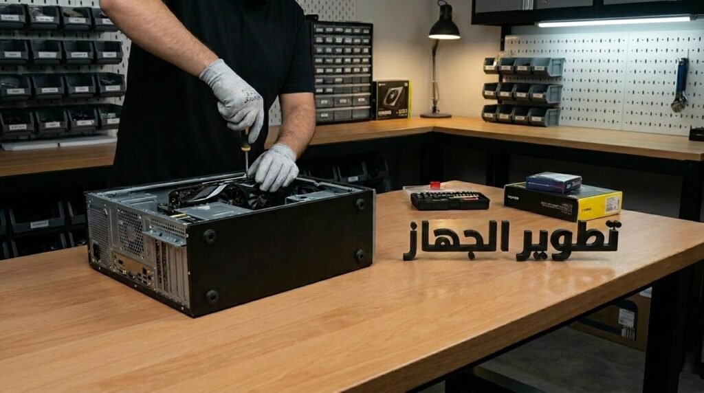 شخص يقوم بترقية قطع الكمبيوتر الشخصي مع نص عربي ثلاثي الأبعاد