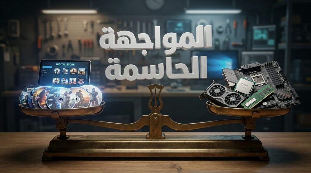 ميزان يوضح المقارنة بين تكاليف الكونسول والكمبيوتر مع نص عربي ثلاثي الأبعاد