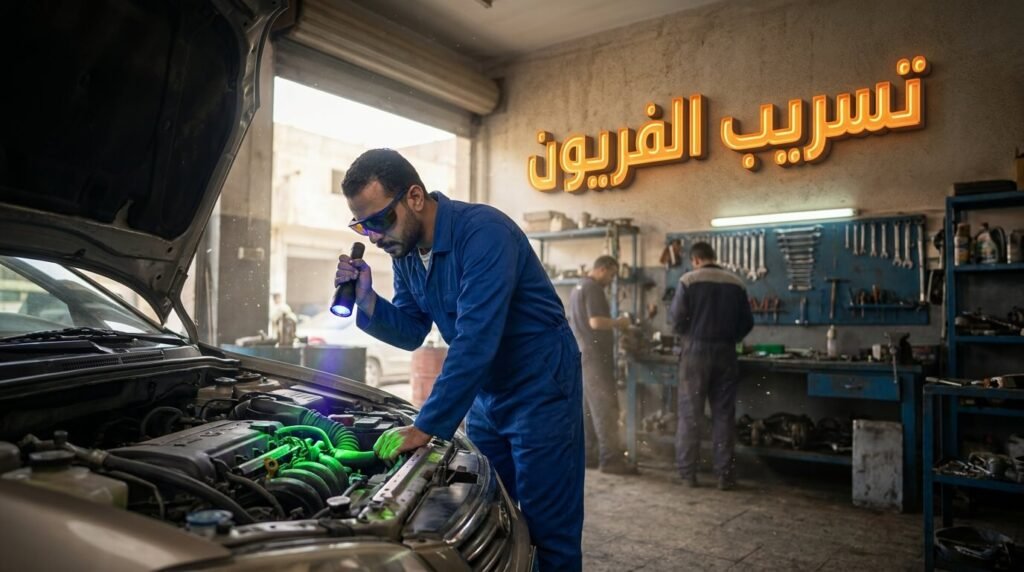 اكتشاف تسريب الفريون ضمن خطوات صيانة تكييف السيارة