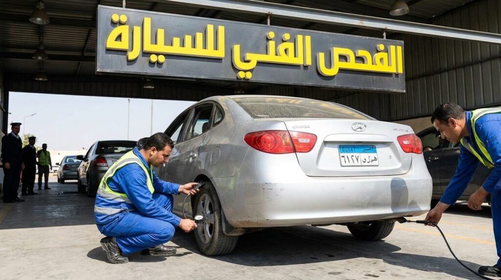 موظف مرور يفحص سيارة خلال إجراءات تجديد رخصة القيادة والتسيير