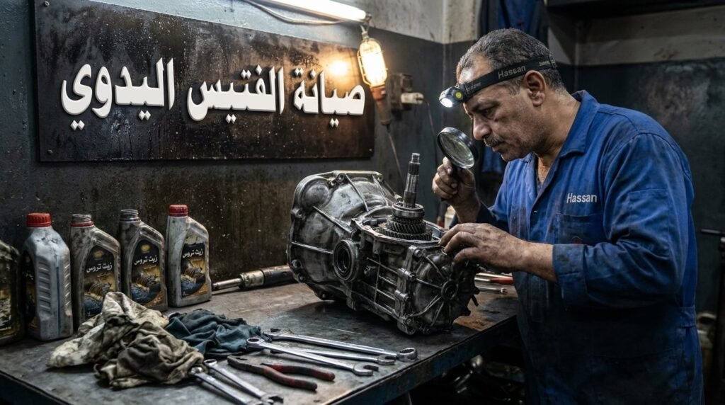 ميكانيكي مصري يفحص ناقل الحركة الأوتوماتيكي واليدوي في ورشة