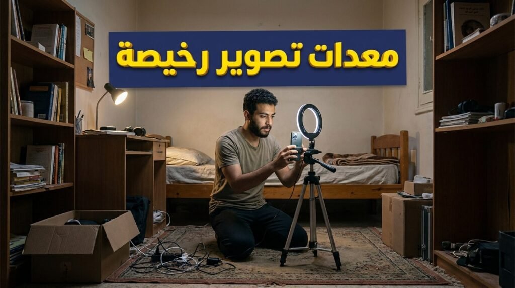 شاب يقوم بتجهيز معدات تصوير بسيطة للبحث عن أرخص كاميرا لليوتيوب