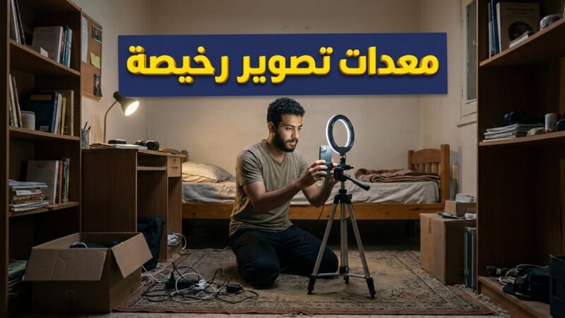 شاب يقوم بتجهيز معدات تصوير بسيطة للبحث عن أرخص كاميرا لليوتيوب