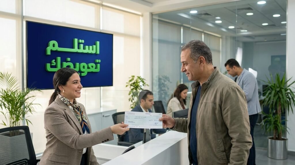 موظف تأمين يسلم شيك تعويض لصاحب سيارة مؤمنة بتأمين السيارات الشامل