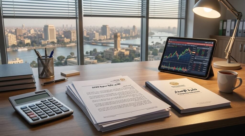 مستندات مالية ونشرة اكتتاب على مكتب بجوار حاسبة لوحية لتحليل أسعار الأسهم قبل الشراء