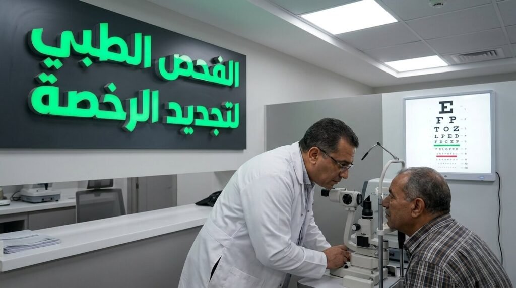 طبيب يجري فحص النظر لمتقدم بطلب تجديد رخصة القيادة