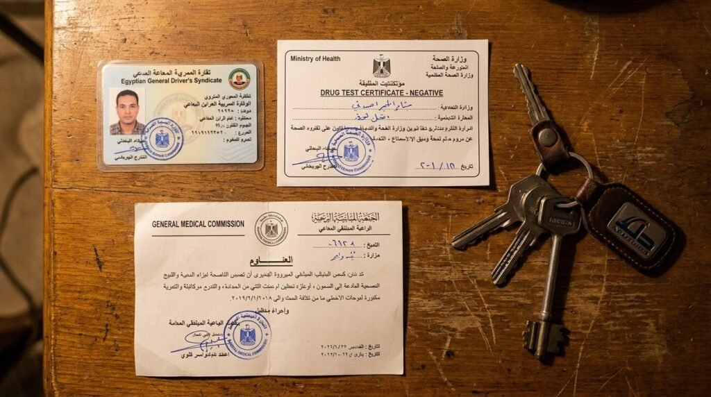 المستندات الأساسية للرخصة المهنية مثل كارنيه النقابة وبرنت التأمينات وشهادة القومسيون الطبي وتحليل المخدرات