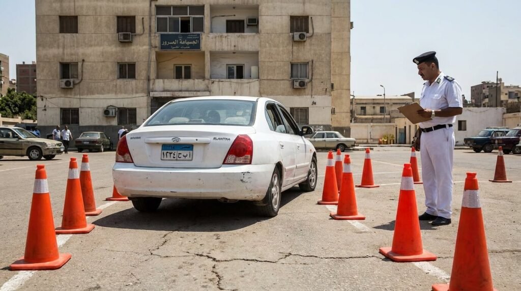 صورة توضح اختبار القيادة العملي للسيارة والرجوع للخلف بين الأقماع في مسار على شكل حرف S داخل وحدة المرور