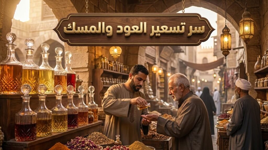 بائع عطور شرقية يقدم عينات للزبائن في سوق بيع وشراء العطور