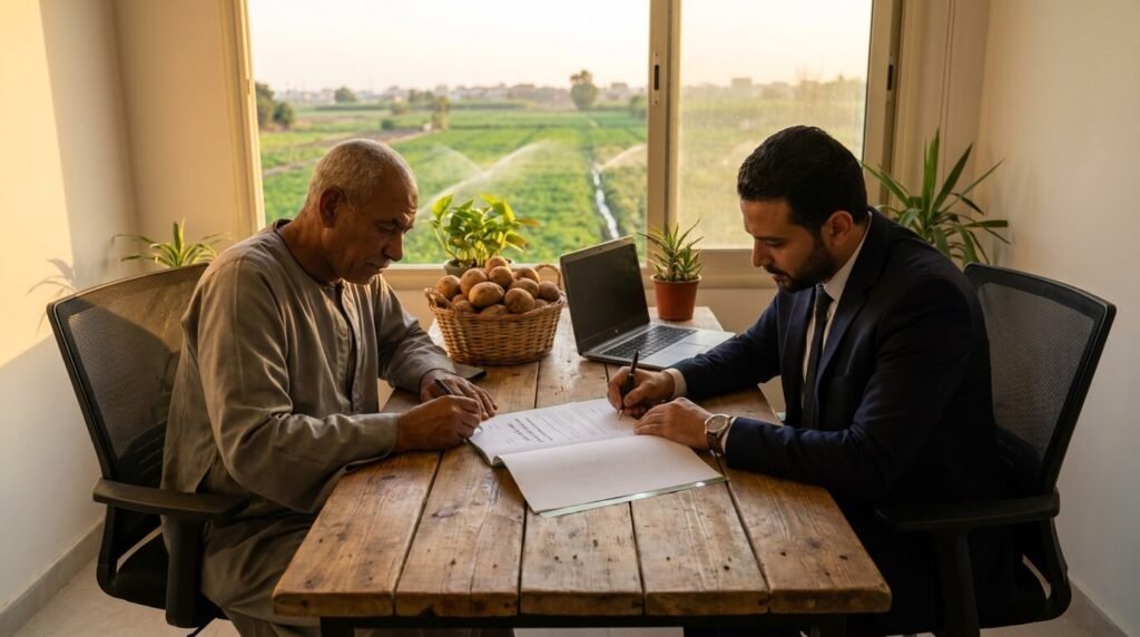 مستثمر زراعي يوقع عقد زراعة تعاقدية مع ممثل شركة لتأمين بيع المحصول بسعر الضمان