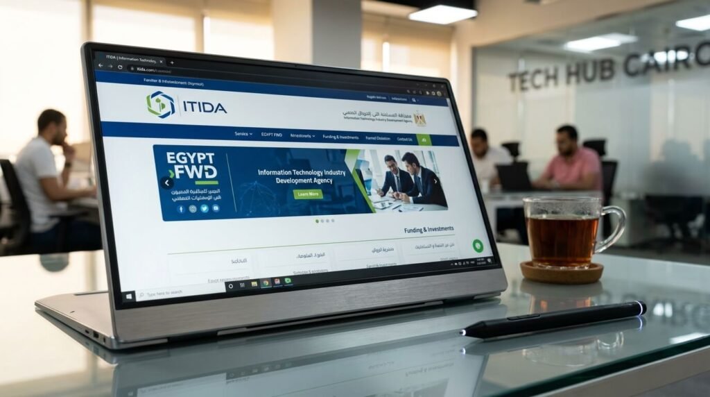 شاشة لابتوب تعرض موقع هيئة إيتيدا لتسجيل الشركات التقنية والاستفادة من الدعم الحكومي