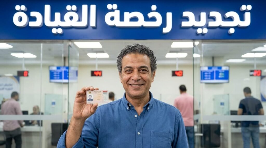رجل مصري يبتسم بعد الانتهاء من تجديد رخصة القيادة بنجاح