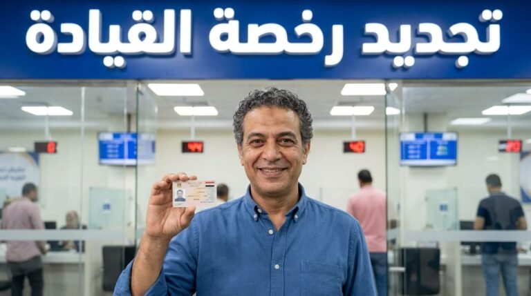 تجديد رخصة القيادة او السياره او المهنيه : 7 خطوات ذهبية لإنهاء الإجراءات في يوم واحد رجل مصري يبتسم بعد الانتهاء من تجديد رخصة القيادة بنجاح