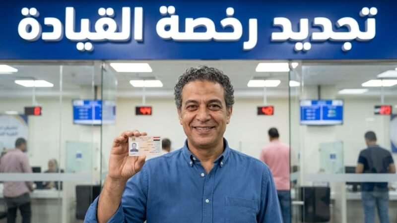 رجل مصري يبتسم بعد الانتهاء من تجديد رخصة القيادة بنجاح