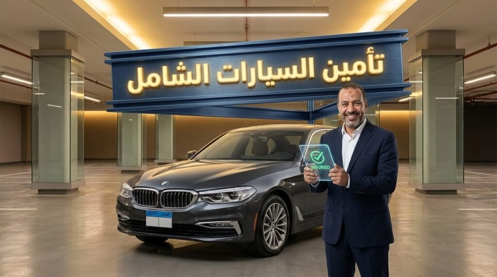 رجل مصري يحمل وثيقة تأمين السيارات الشامل بجانب سيارته المؤمنة