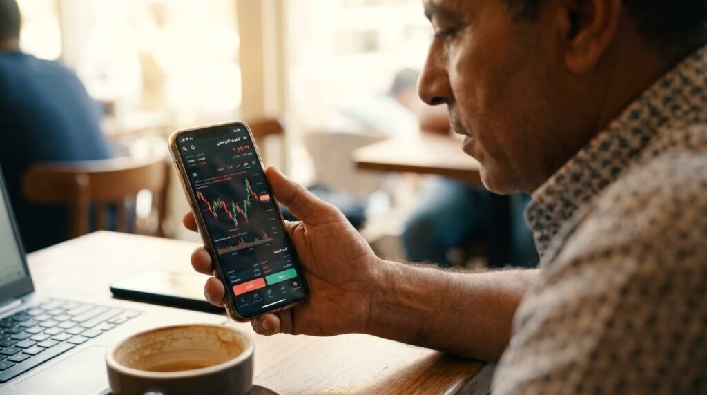 شاب مصري يستخدم تطبيق تداول معتمد على هاتفه الذكي للمشاركة في شراء أسهم الطروحات الحكومية