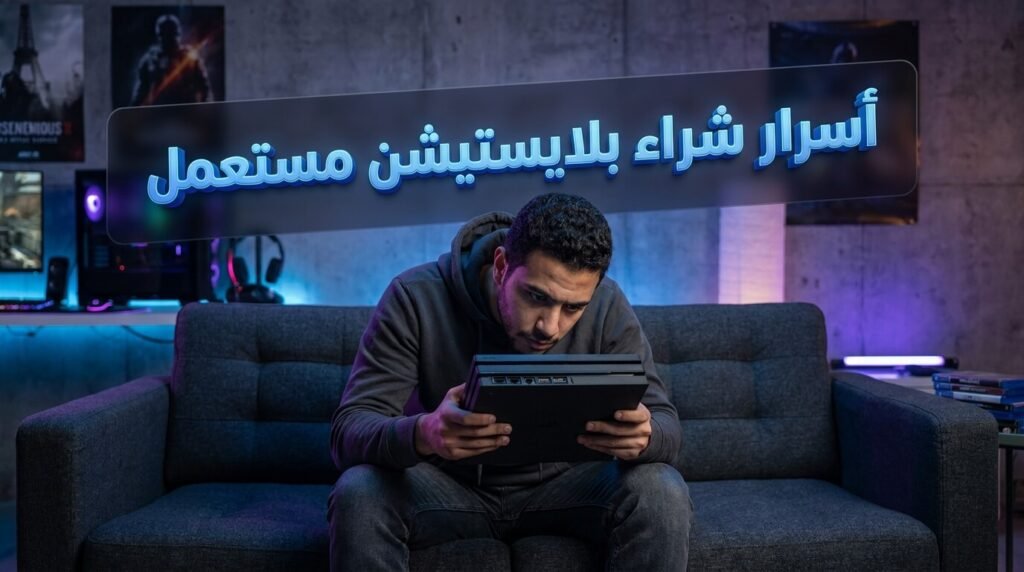 رجل مصري يفحص جهاز شراء بلايستيشن مستعمل في غرفة ألعاب حديثة بإضاءة نيون بنفسجية