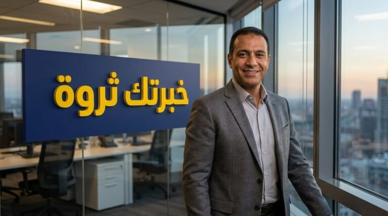 رجل أعمال مصري واثق يثبت نجاح رحلة البحث عن عمل بعد سن الأربعين
