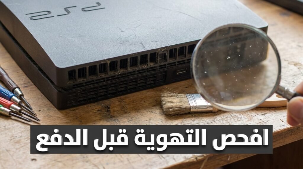 فحص منافذ تهوية جهاز بلايستيشن مستعمل ومفك بجانبه على طاولة خشبية