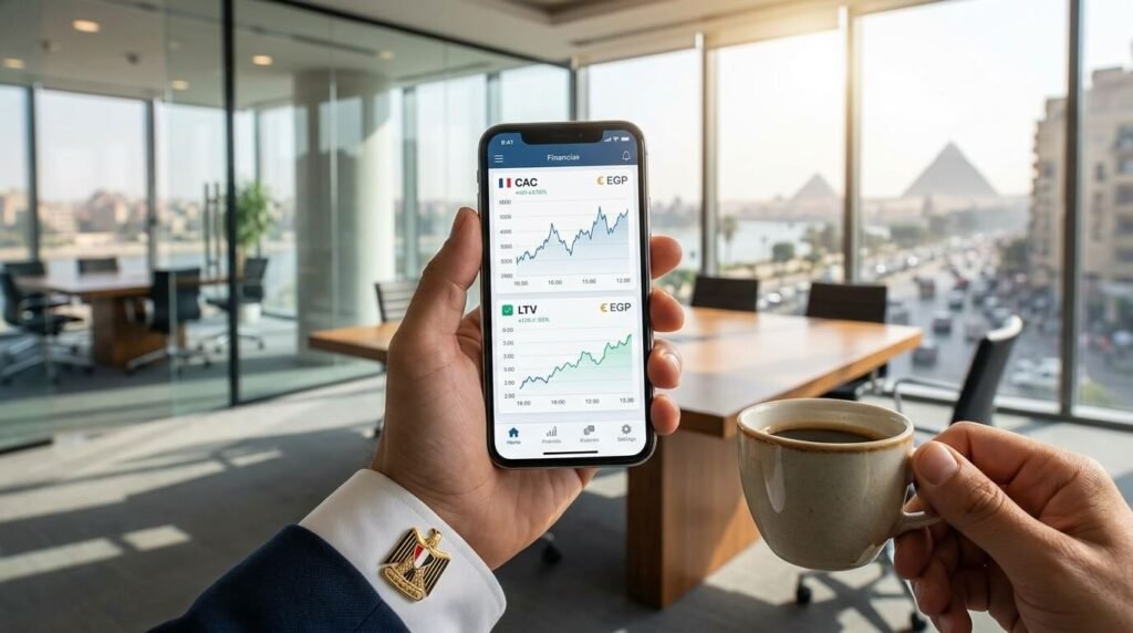مستثمر يفحص الأرقام المالية وتكلفة العملاء لتقييم شركة ناشئة قبل الاستثمار