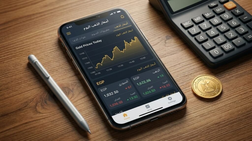 شاشة هاتف محمول تعرض أسعار الذهب اللحظية بجوار آلة حاسبة وعملة ذهبية لحساب تكلفة المصنعية