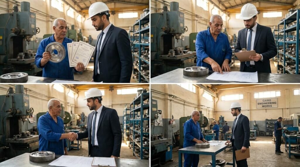 صاحب ورشة مصري يعرض منتجاته على مهندس أجنبي لاعتماد مصنعه كمورد محلي